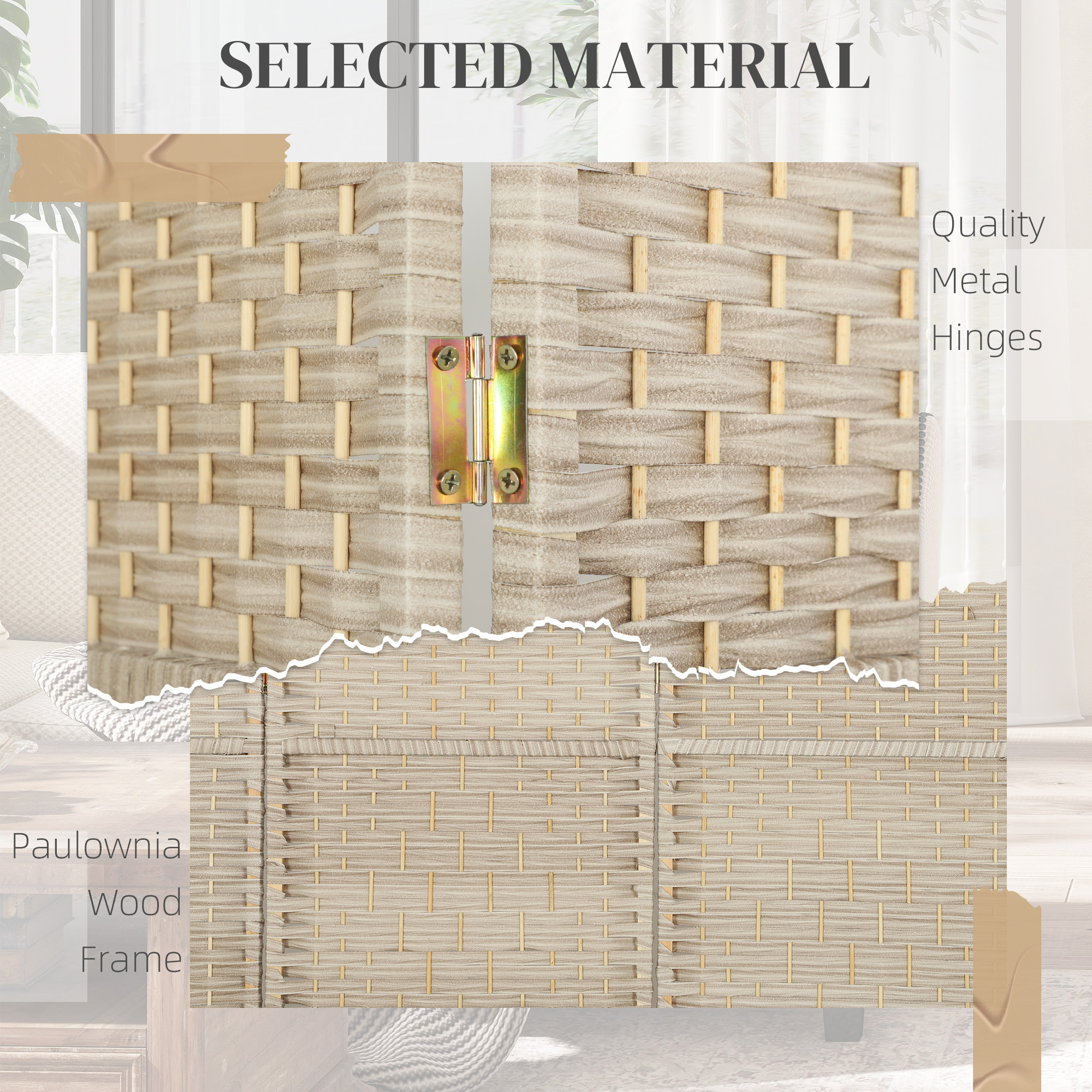 HOMCOM 4 Panel Room Divider, 6' Tall Folding Privacy Screen, Hand-Woven Freestanding Wood Partition for Home Office, Bedroom, Washed Oak