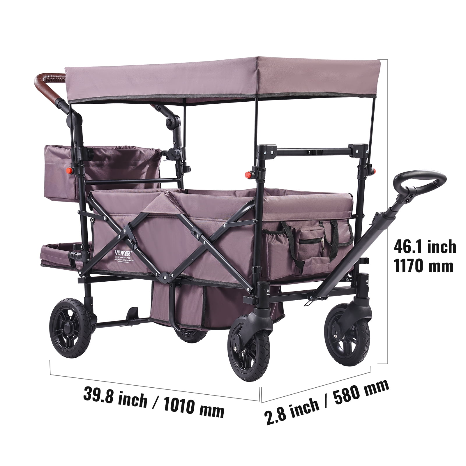 VEVOR Wagon Stroller for 2 Kids, Push Pull Quad Collapsible Stroller with Adjustable Handle, Encircling Harness Removable Canopy,4 Wheels w/Brakes,Mutifunction Tandem Stroller for Camping Dark Purple