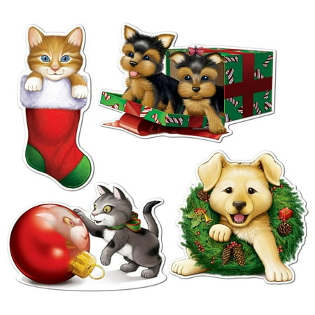 Pack Of 12 Double Sided Christmas Puppy And Kitten Cutout