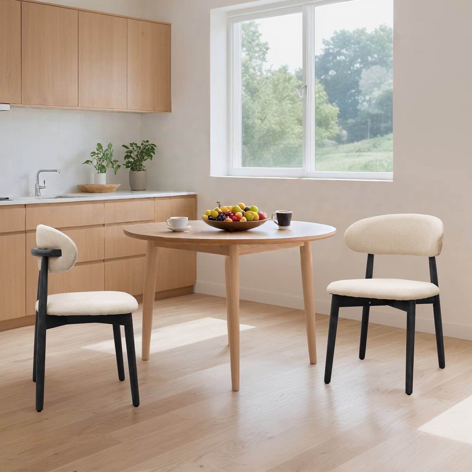 Upholstered Dining Chairs Set of 4, Beige Flannelette Kitchen Chairs with Walnut Solid Wood Legs, Mid Century Modern Armless Side Chairs for Dining, Kitchen, Restaurant, Living Room