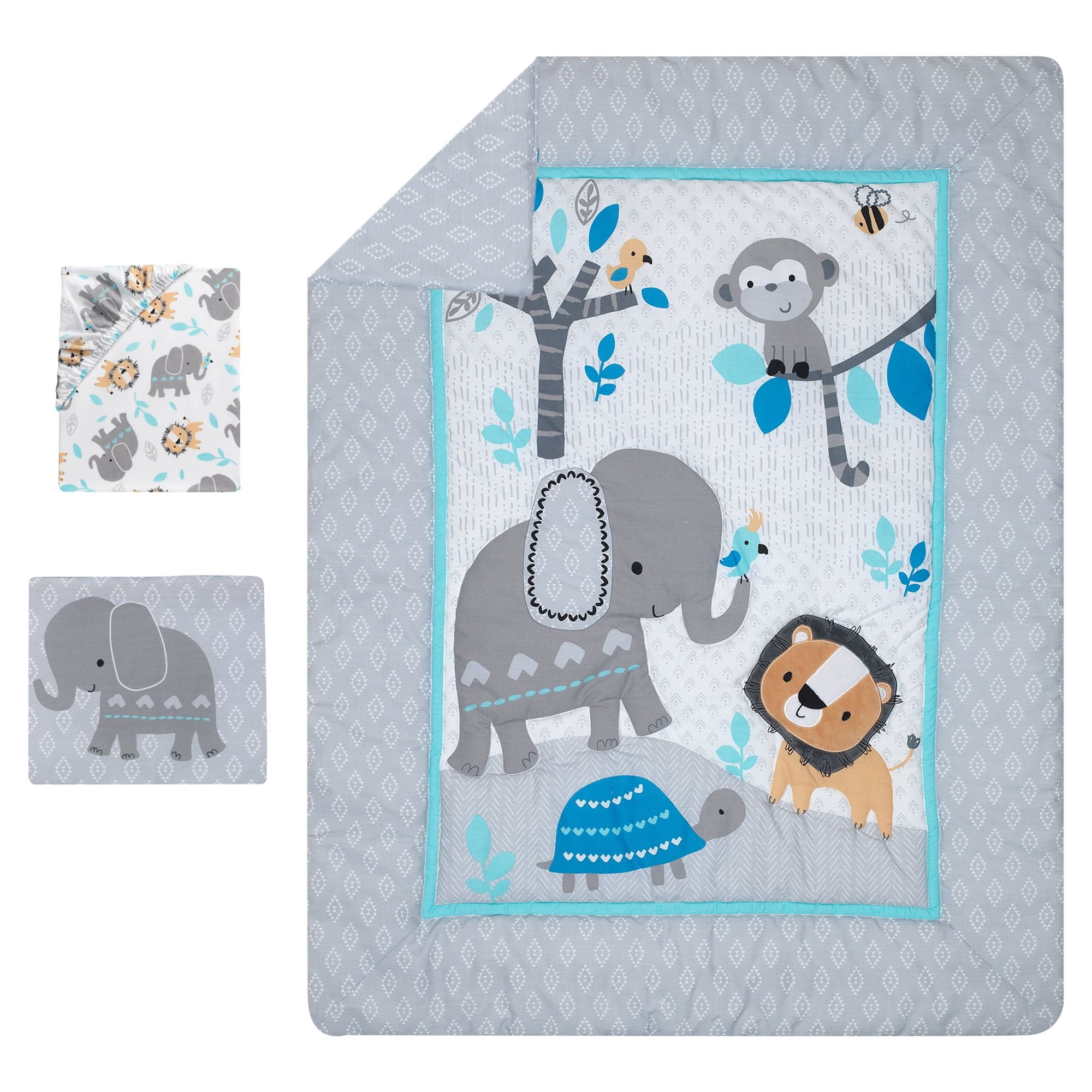 Bedtime Originals Jungle Fun 3-Piece Animals Crib Bedding Set - Blue, Gray, White
