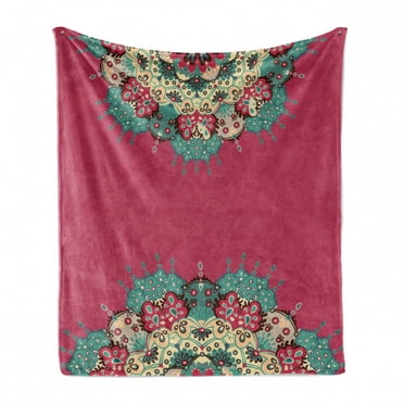 Mandala Soft Flannel Fleece Throw Blanket, Eastern Floral Motifs in Half Boho Traditional Frame on Pink Background, Cozy Plush for Indoor and Outdoor Use, 50" x 60", Multicolor, by Ambesonne