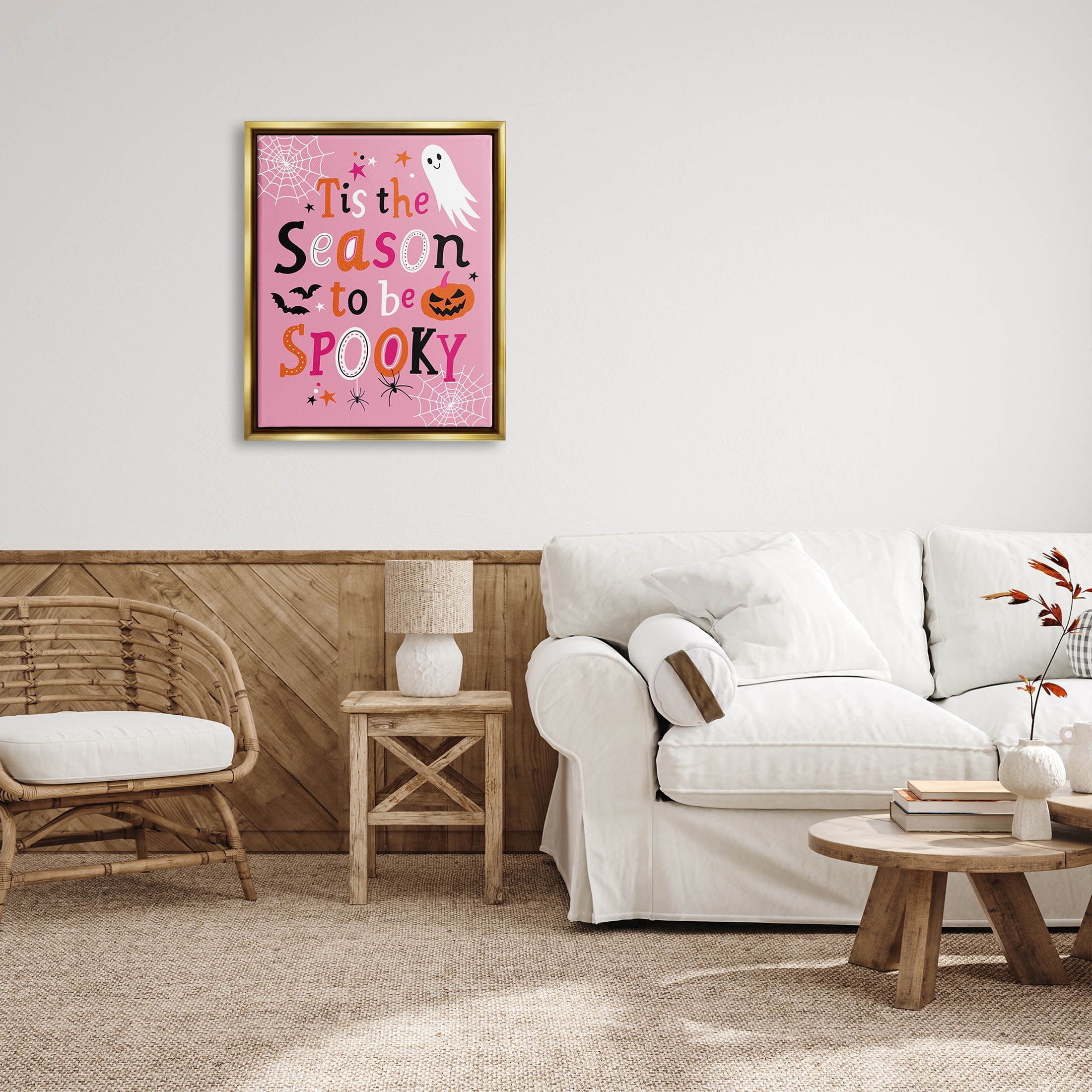 Tis The Season To Be Spooky Ghost Phrase Holiday Graphic Art Metallic Gold Framed Art Print Wall Art