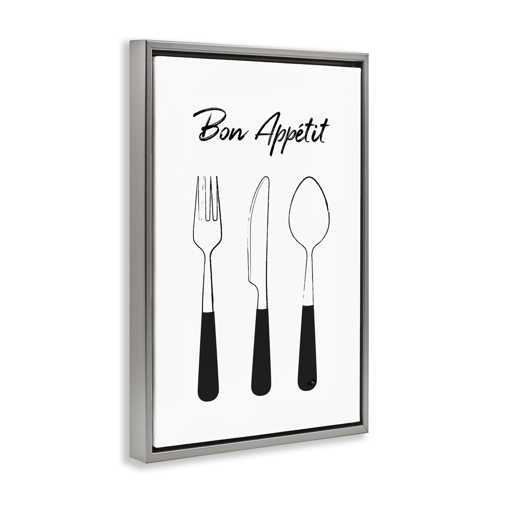 Stupell Industries Bon Appetit Fork Knife Spoon Gray Framed Floater Canvas Wall Art, design by Martina Pavlova