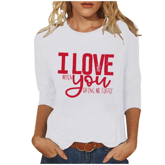 mihongmao Plus Size Valentine Shirts for Women Crew Neck Ladies' Hearted-Printed Round Neck Three Quarter Sleeve 3/4 Sleeve T-shirt Loose White M