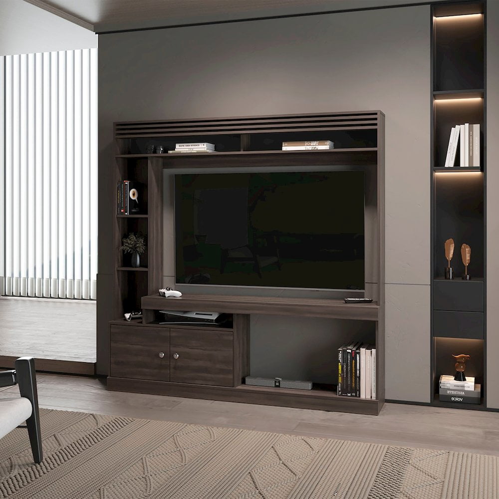 Fm Furniture Rock House Entertainment Center with Two Doors and Open Storage, Stained Walnut