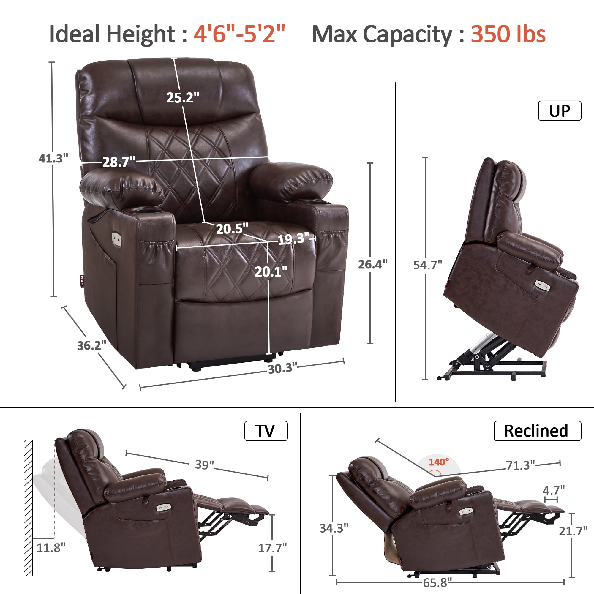 MCombo Small Size Electric Power Lift Recliner Chair Sofa with Massage and Dual Heating, Adjustable Headrest for Elderly People Petite, USB Ports, Extended Footrest, Faux Leather 7111 (Dark Brown)