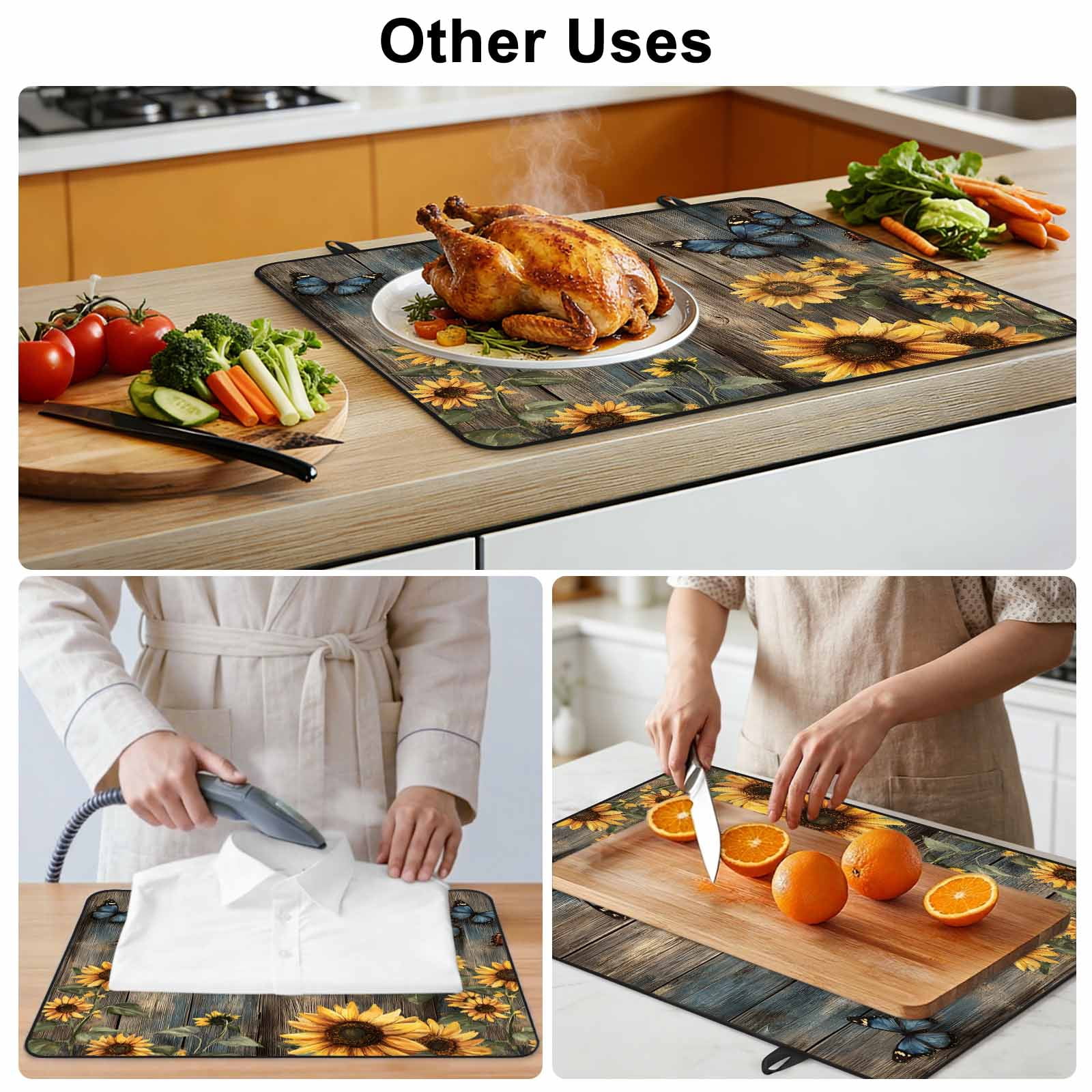 Spring Yellow Sunflower Stove Top Cover for Electric Stove, Heat-proof & Non Slip Glass Top Stove Cover Protector, Butterfly Wood Retro Farmhouse Kitchen Flat Cooktop Rubber Mat 24x21 Inches
