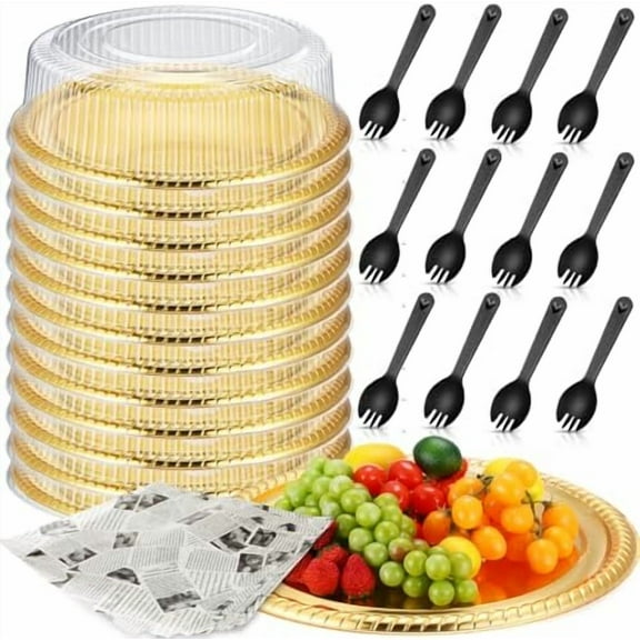 12 Sets 16 Inch Heavy Duty Serving Tray with Lid and Sporks 24 Pcs Deli Wax Paper Sheets Gold Plastic Catering Platter Tray for Banquet Party Picnic Takeout Sandwich Fruit Cookie Vegetable