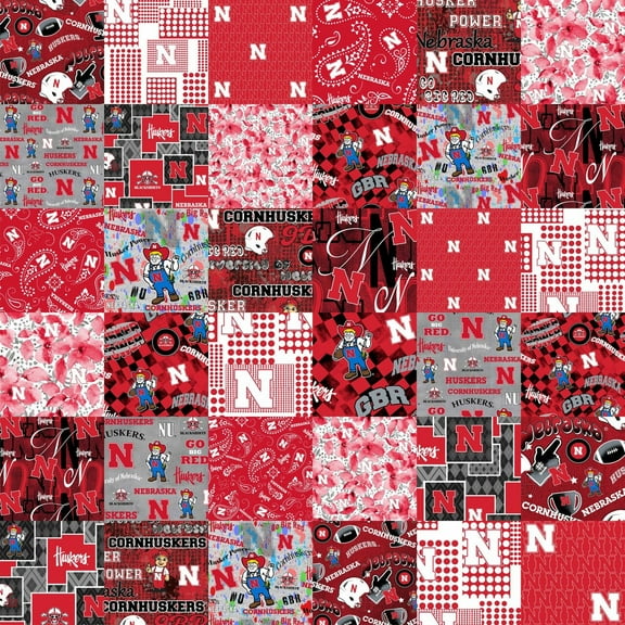 Official Licensed University of Nebraska Cheater Quilt Printed Cotton Fabric-Nebraska Cornhuskers Cotton Fabric with Patchwork Cheater Quilt Print-60” Width