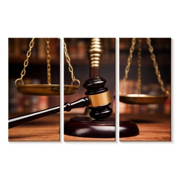 Elephant Stock Gavel And Scales Wall Art - Horizontal Multi Panel Canvas - Living Room Wall Decor - Profession Multi Panel - Brown And Gold Decor - 23" x 14"