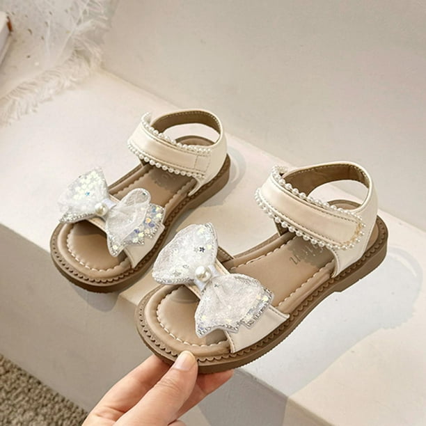 Puntoco Novedad De Verano Para Niñas, Zapatos De Princesa Con Diamantes De Imitación Y Punta Floral De Suela Suave, Sandalias De Playa Antideslizantes, Sandalias Para Niñas Beige 34