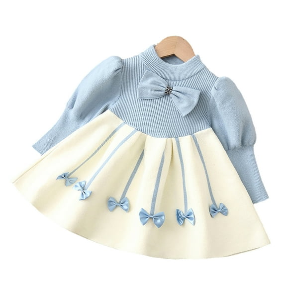 Godderr Baby Newborn Sweet Bow Tie Dress for Kids Toddler Girls Princess Dress for 9M-8Y Long Sleeve Crewneck Lantern Sleeve Casual Autumn Winter Little Fragrant Style Girls Sweater Knitted Dress