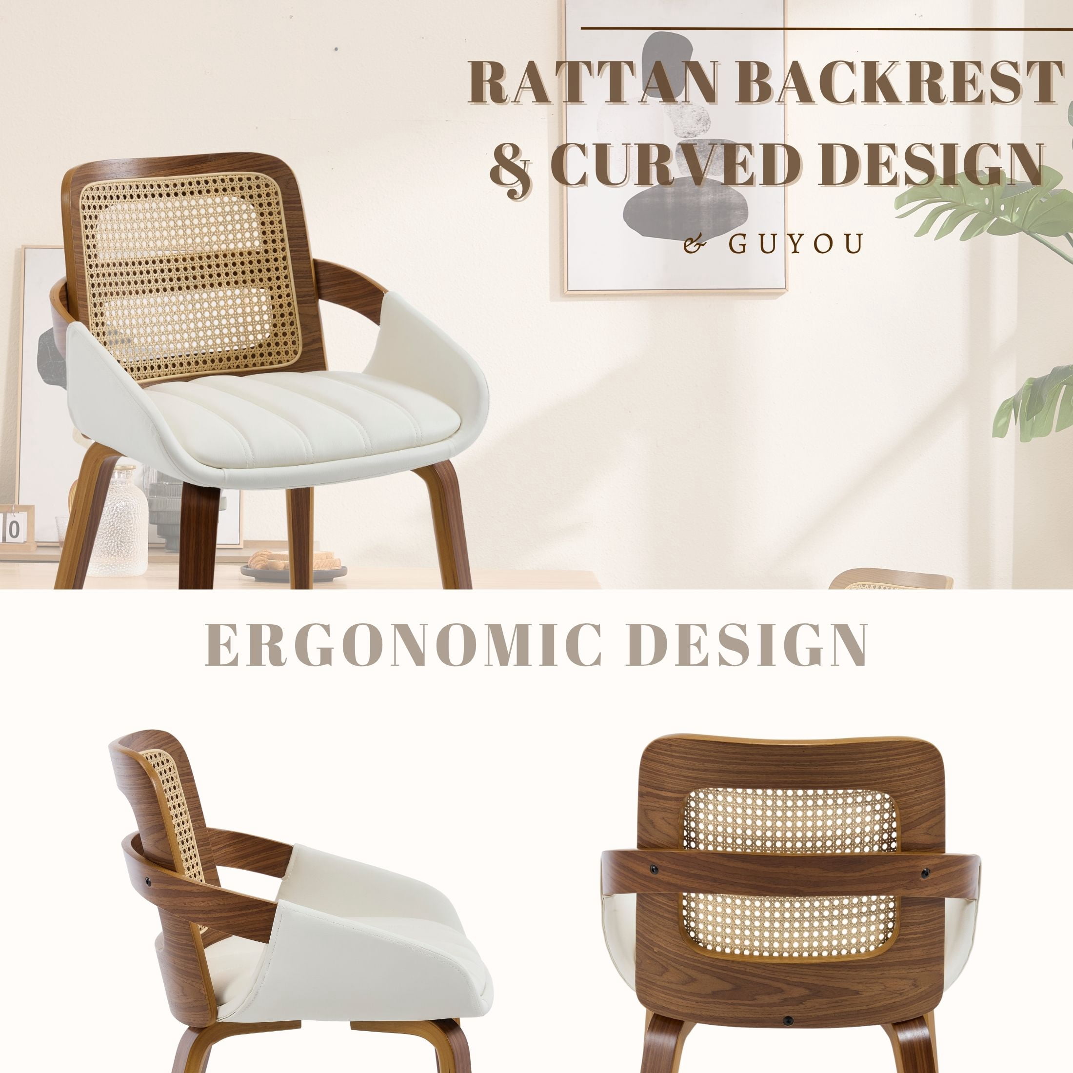 Guyou Modern Rattan Dining Chair Set of 6, Solid Wood Dining Side Chairs, PU Upholstered Kitchen Chairs with Armrests for Kitchen Dining Room Living Room, White