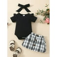 thumbnail image 2 of vera natura Baby Girls 3 Piece Outfit Ruffles Short Sleeve Rompers and Plaid Print Button Skirt Headband Summer Clothes Set, 2 of 9