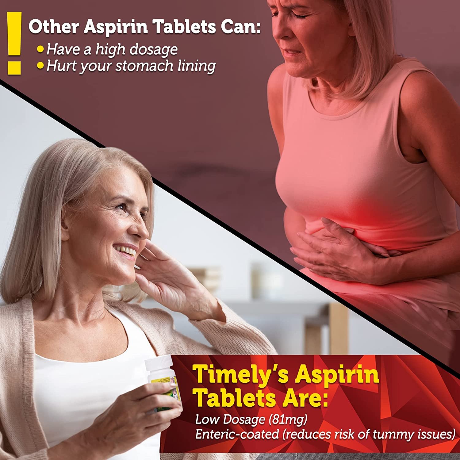 Timely by Time Cap Labs- 120 Count Low Dose Aspirin 81mg for Adults - Compared to Bayers - Enteric Coated Low Strength Aspirin Tablets - Pain Reliever for Minor Aches and Pains - Made in USA