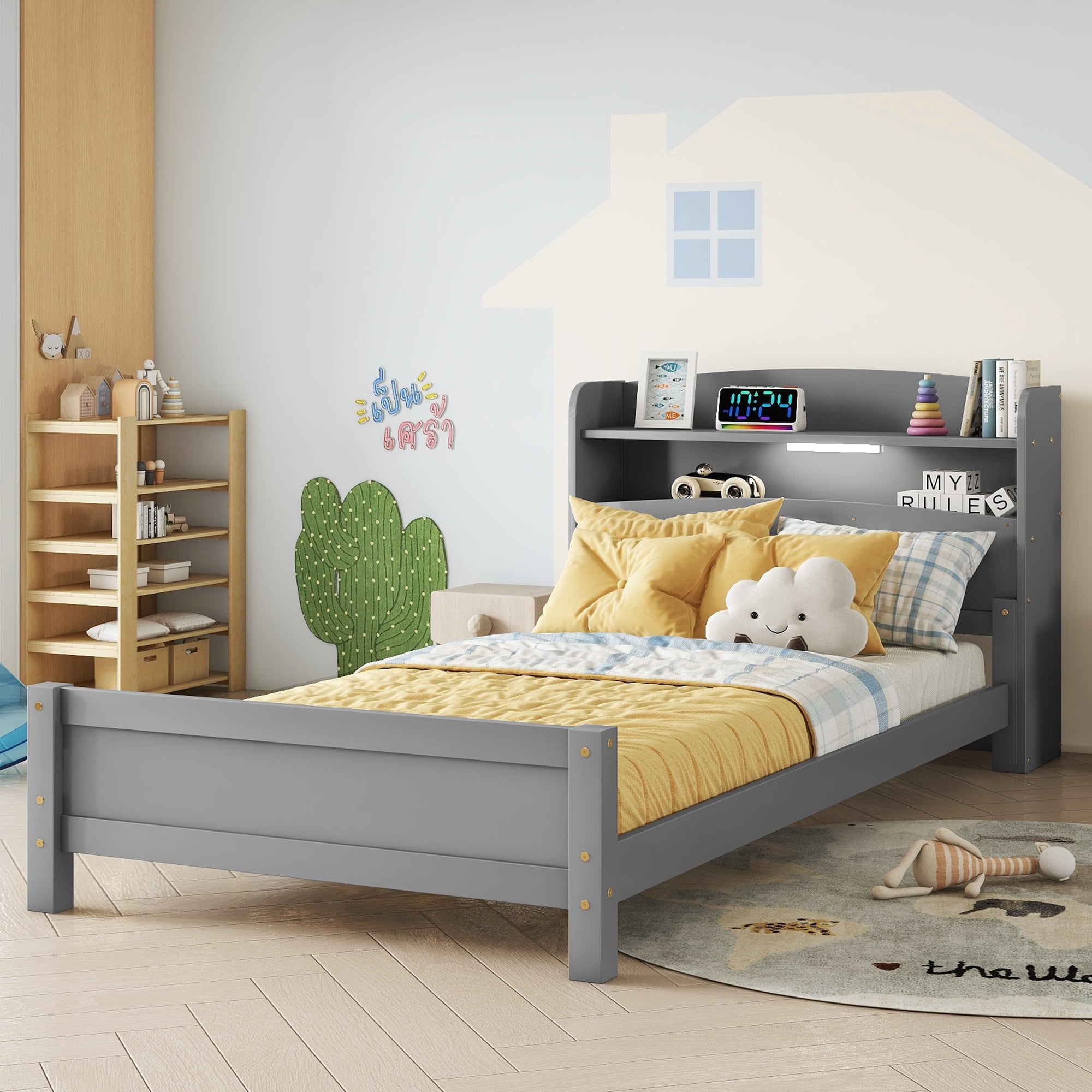 Sailvan Twin Pine Wood Bed with Bookcase Headboard ,LED Motion Sensor Light, Guardrails