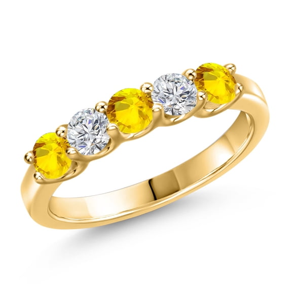 Gem Stone King 18K Yellow Gold Plated Silver Yellow Sapphire and Lab Grown Diamond Wedding-Bands Ring for Women | 0.82 Cttw | Round 3.5MM | Gemstone September Birthstone | Size 6
