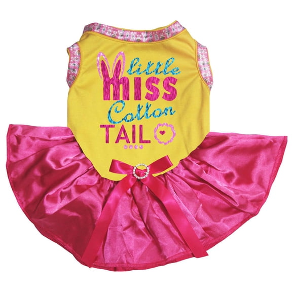 Petitebelle Little Miss Cotton Tail Puppy Dog Dress (Yellow/Hot Pink, Small)