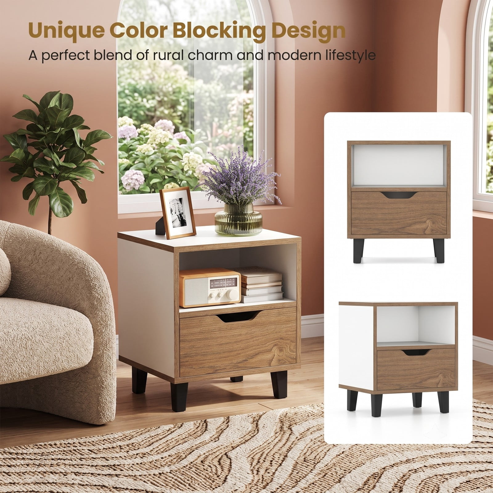 Furnibear Nightstand with Drawer and Open Storage Shelf, Two-tone Bedside Table with Metal Legs for Bedroom and Sofa Side, White