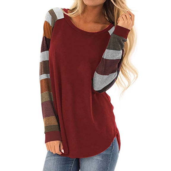 Abcnature Women Autumn Casual T-shirts Autumn Loose Round Neck Contrast Stitching Long Sleeve Blouse Tunic Sweatshirt Pullover Tops Wine S