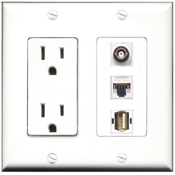 RiteAV - 15 Amp Power Outlet 1 Port USB A-A 1 Port BNC 1 Port Cat5e Ethernet White Decorative Wall Plate