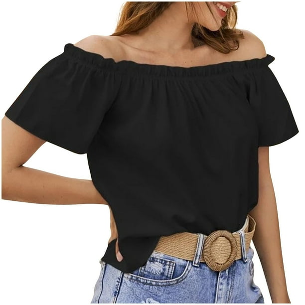 Camisas de Color Sólido para Mujeres Blusas de Hombro con Mangas Cortas Plisadas, Camisas de Verano Ligeras para Ocasional Y Fiesta