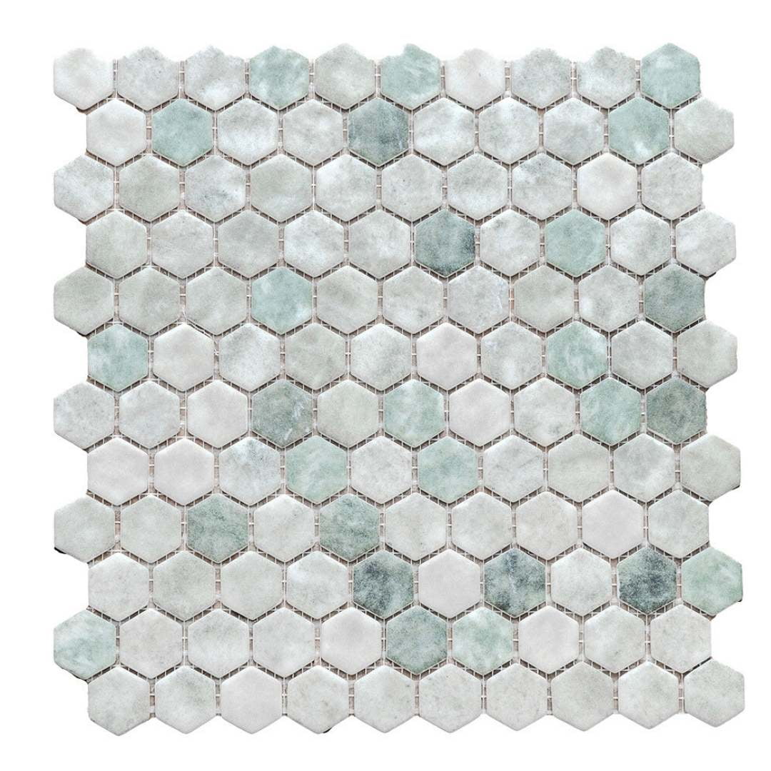 The Tile Life Eterna Hex 1" x 1" Hexagon Shabby Green Glass Mosaic Floor and Wall Tile 1 Sheet