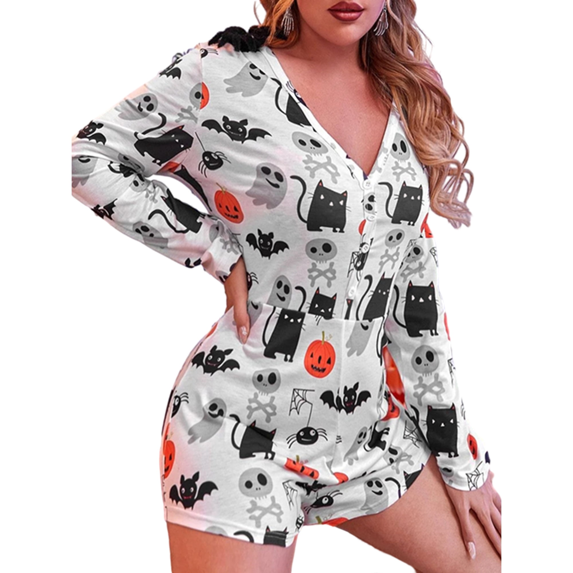 WIFORNT Womenacute s Halloween Pajamas Romper Long Sleeve Deep V Neck Jumpsuit Shorts Loungewear Cosplay Outfit Walmart