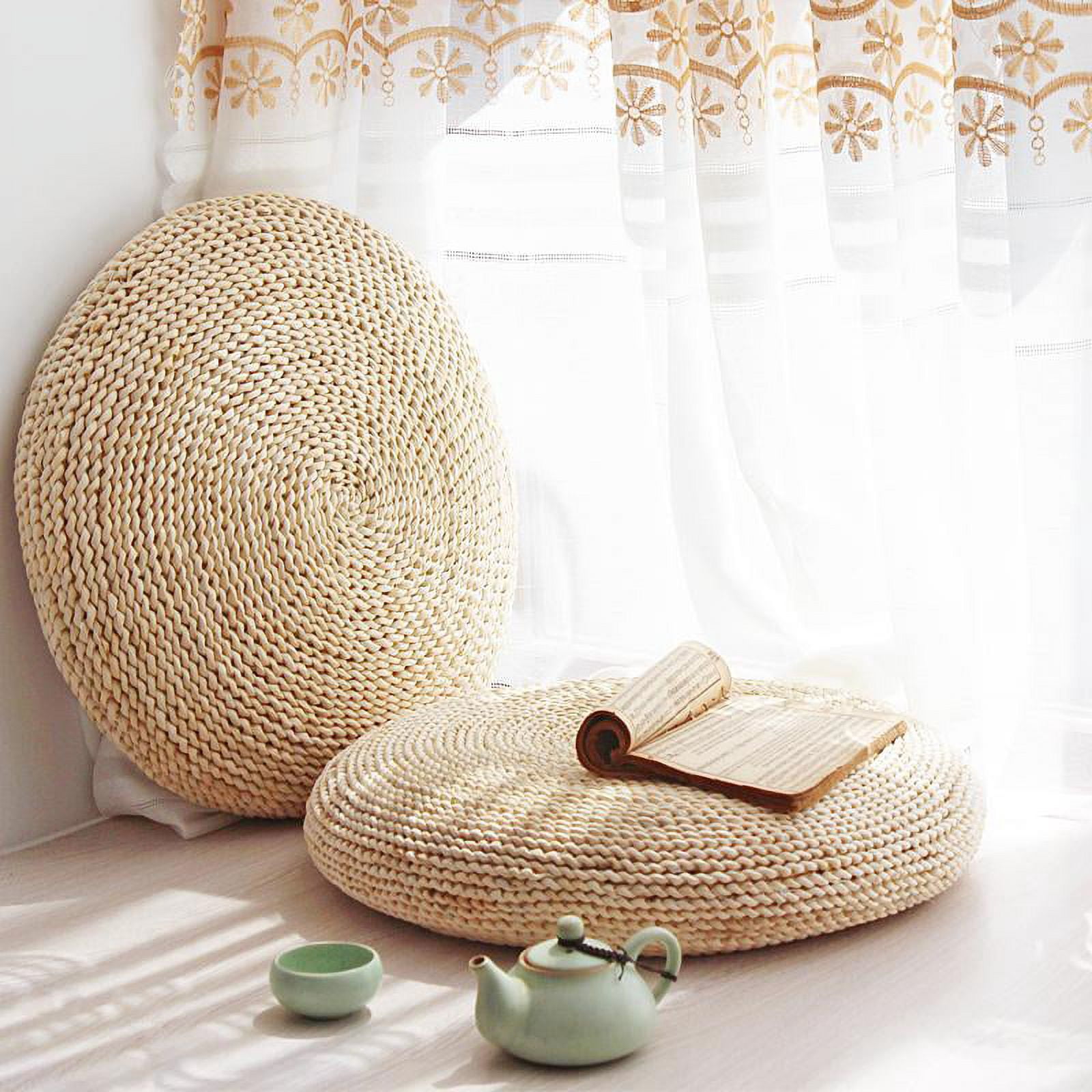 Knitted Straw Flat Seat Cushion, 15.7inch Round Pouf Tatami