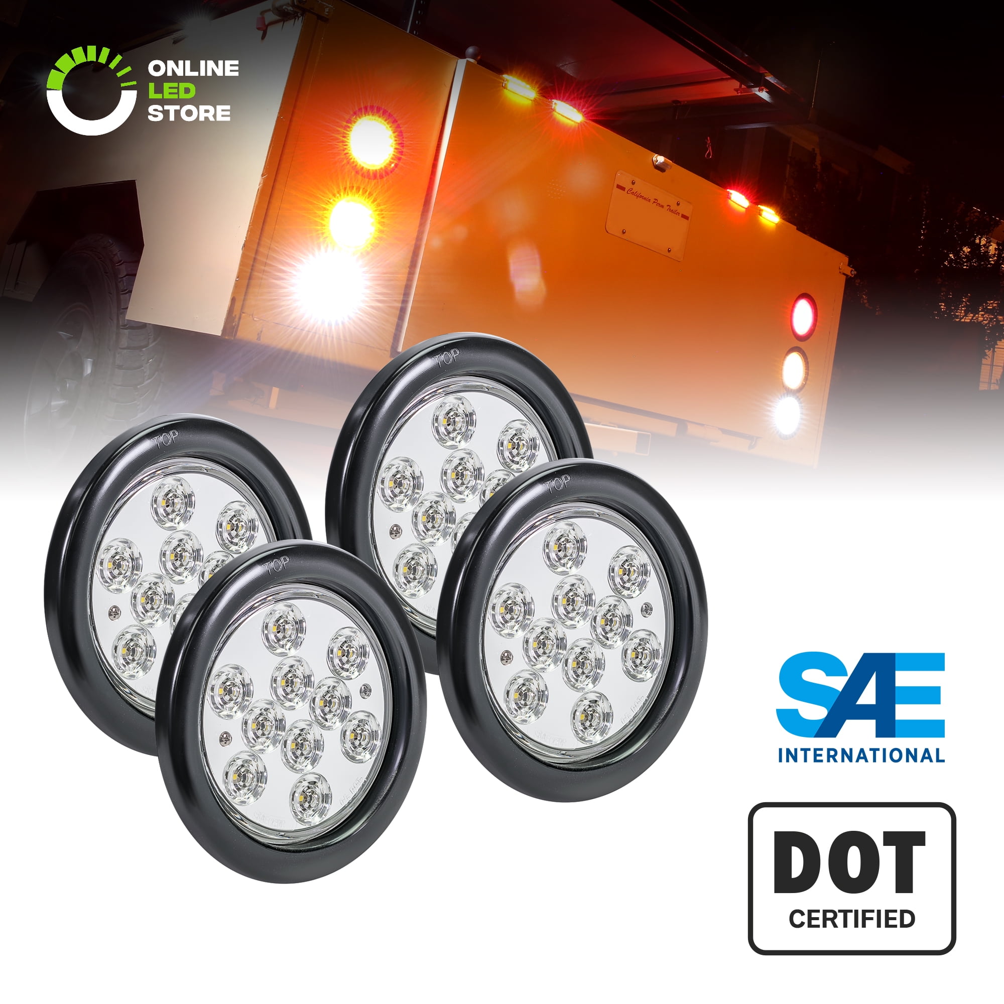4pcs 4" Round 24 LED Clear/White Stop Turn Truck Light with Grommet & Pigtail