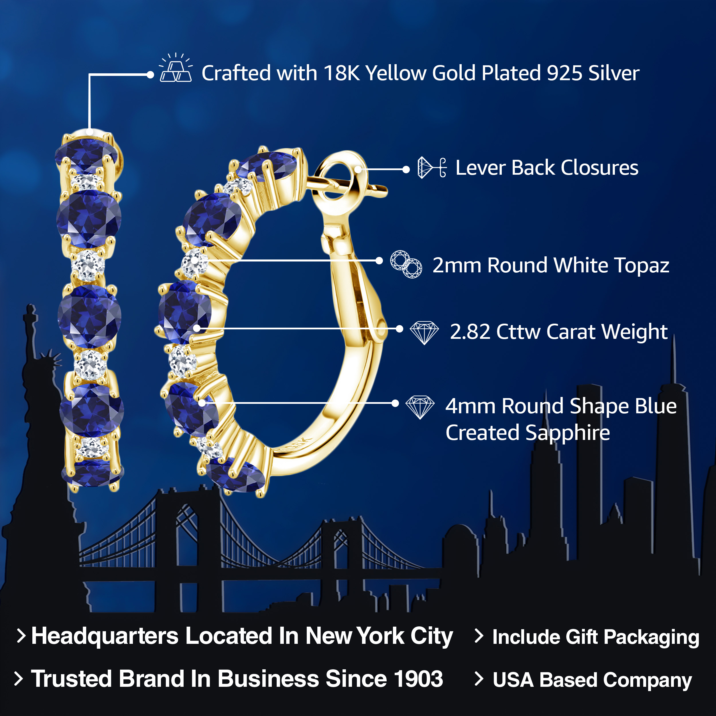 Gem Stone King 18K Yellow Gold Plated Silver Blue Created Sapphire and White Topaz Hoop Earrings for Women (2.82 Cttw, Round 4MM and 1.9MM, Gemstone Birthstone 1 inch Diameter)