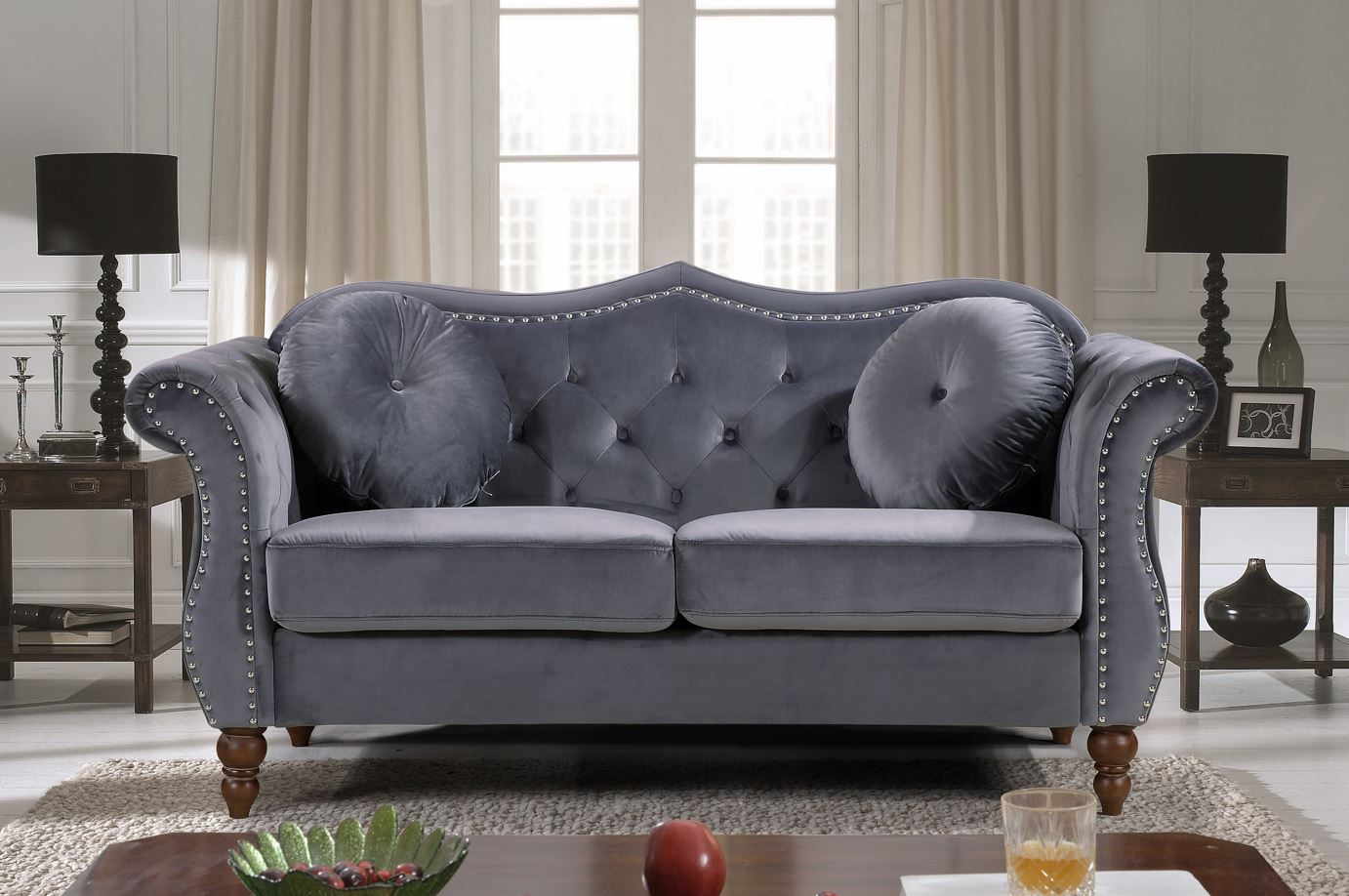 Uspridefurniture Tommy 2Pcs Chesterfield Velvet Living Room Set,Gray