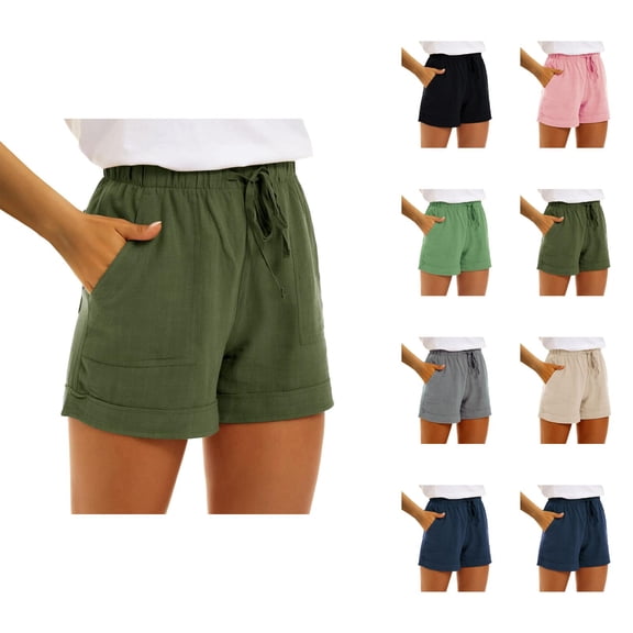 Shorts for Women 2026 Summer Cotton Linen Elastic High Waist Drawstring Wide Straight Leg Casual Shorts with Pockets