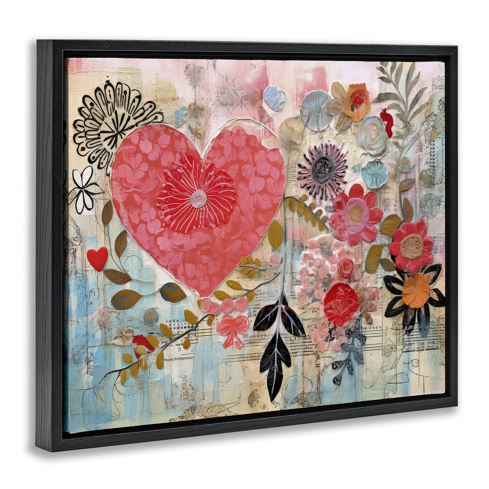 Stupell Industries Playful Heart & Flowers Abstract Painting Black Floater Framed Canvas Art Print Wall Art, 21 x 17