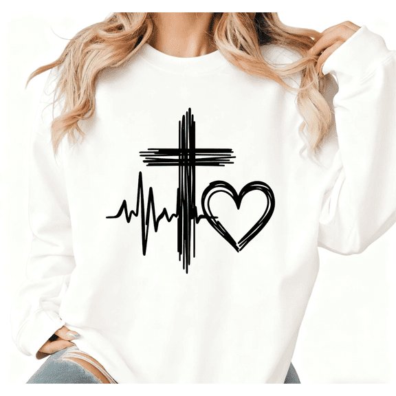 White Print Sweatshirt Graphic Sweatshirt Cross Heartbeat Line Street Style Casual Wear S-3XL Tops