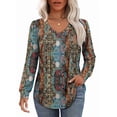 thumbnail image 2 of WIHOLL Womens Long Sleeve Shirts Pleated V Neck Curved Hem Fall Winter Tunic Tops Blouses Print, 2 of 8