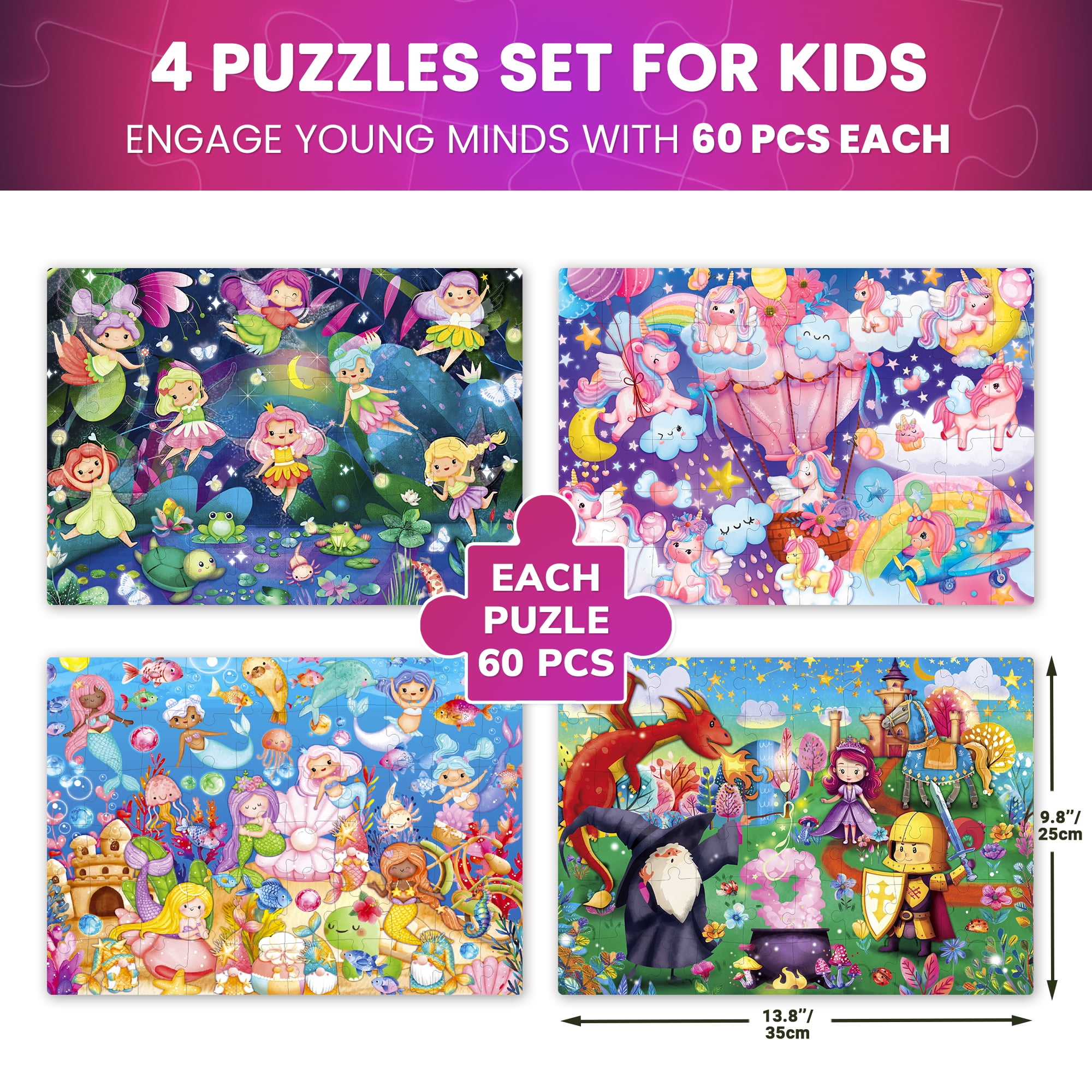 QUOKKA Glow-in-the-Dark Jigsaw Puzzles – 4 Set 60-Piece - Fairy Tale Heroes Puzzle for Kids Ages 3-8
