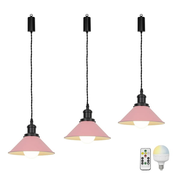 KAYYELAMP 3-Pack Remote LED Bulb Rechargeable Battery Adjusted Height Hanging Light Dimming Timing Black & Pink Metal Lamp Vintage Design for Kitchen Farmhouse