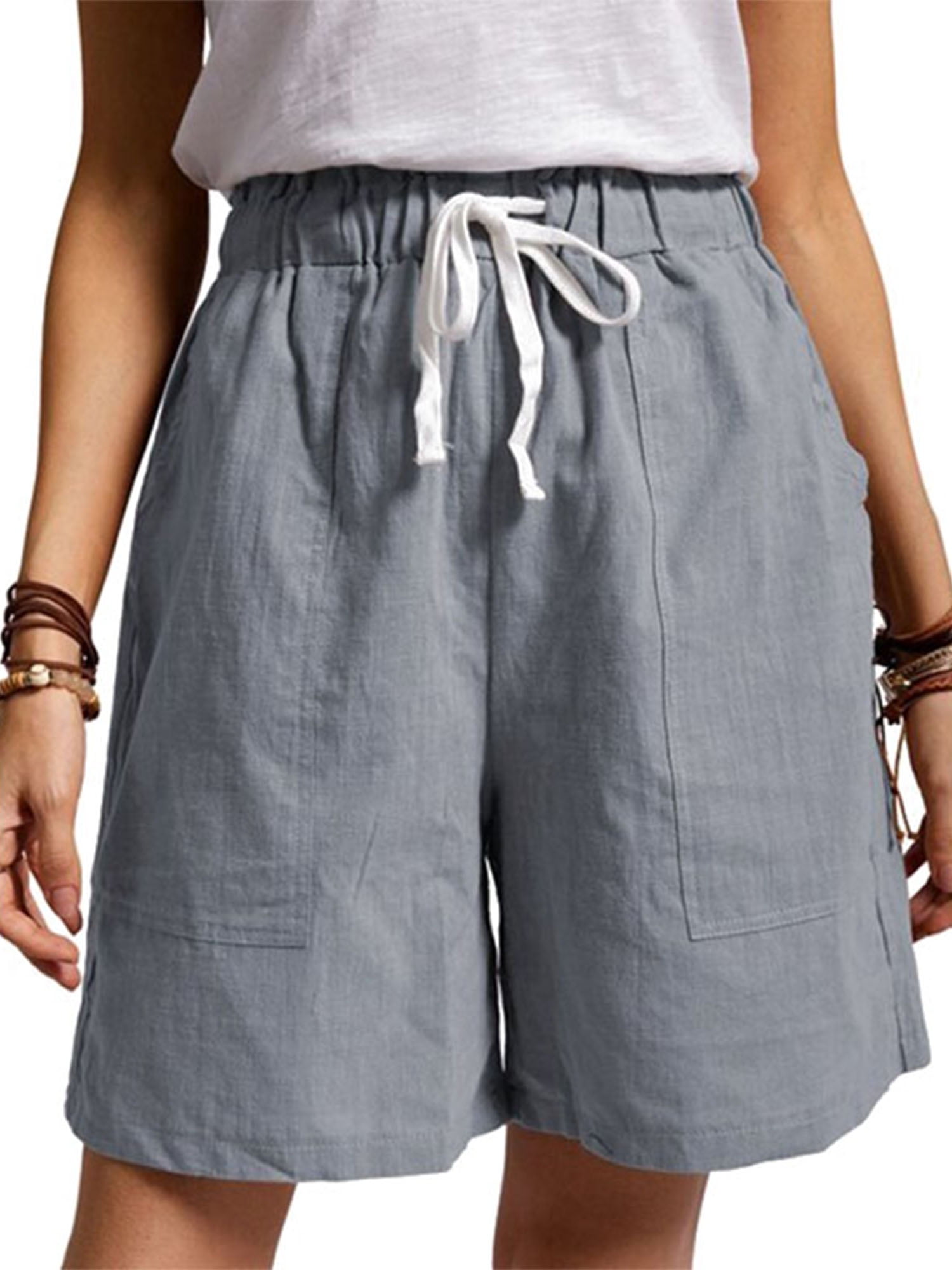 Womens Shorts Plus Size Summer Cotton Linen Elastic Waist Drawstring Wide Leg Casual Beach Hot Shorts Sport Short Pants