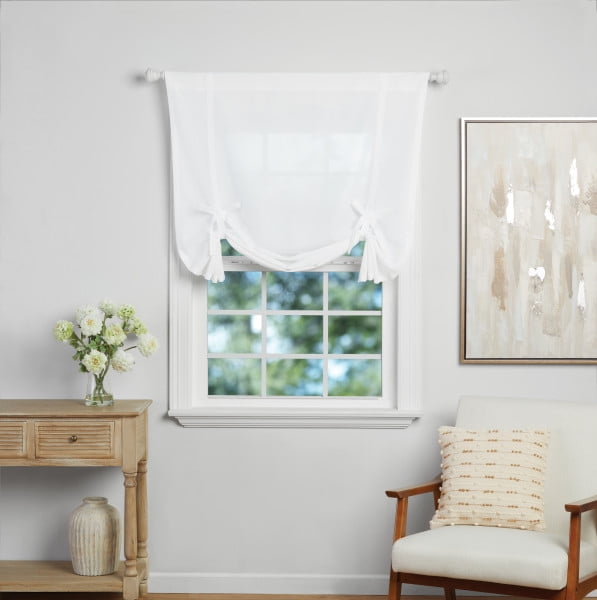 Mainstays Tie up Balloon Shade Pole Top, Arctic White, Polyester, Recycled Poly, 42"W x 63"L, 1 Piece, Indoor Curtain, Adult