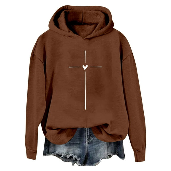 Women's Christian Cross Print Pullover Hoodie, Winter Long Sleeve Casual Sweatshirt, Round Neck Graphic Hooded Top Brown,L