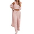 thumbnail image 2 of Spring Fall Solid Color Women 3 Piece Pajamas Set Long Sleeve Cardigan and Crop Tops and Wide Leg Pants Sets, 2 of 6