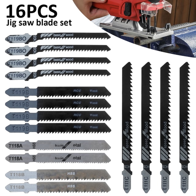 Pluokvzr 16PCS T-Shank Jigsaw Blade Set Clean Fast Cut Down Cut Blades Wood Metal Cutting Power Tool HCS/HSS with Plastic Box for Wood, Plastic and Metal Cutting Compatible
