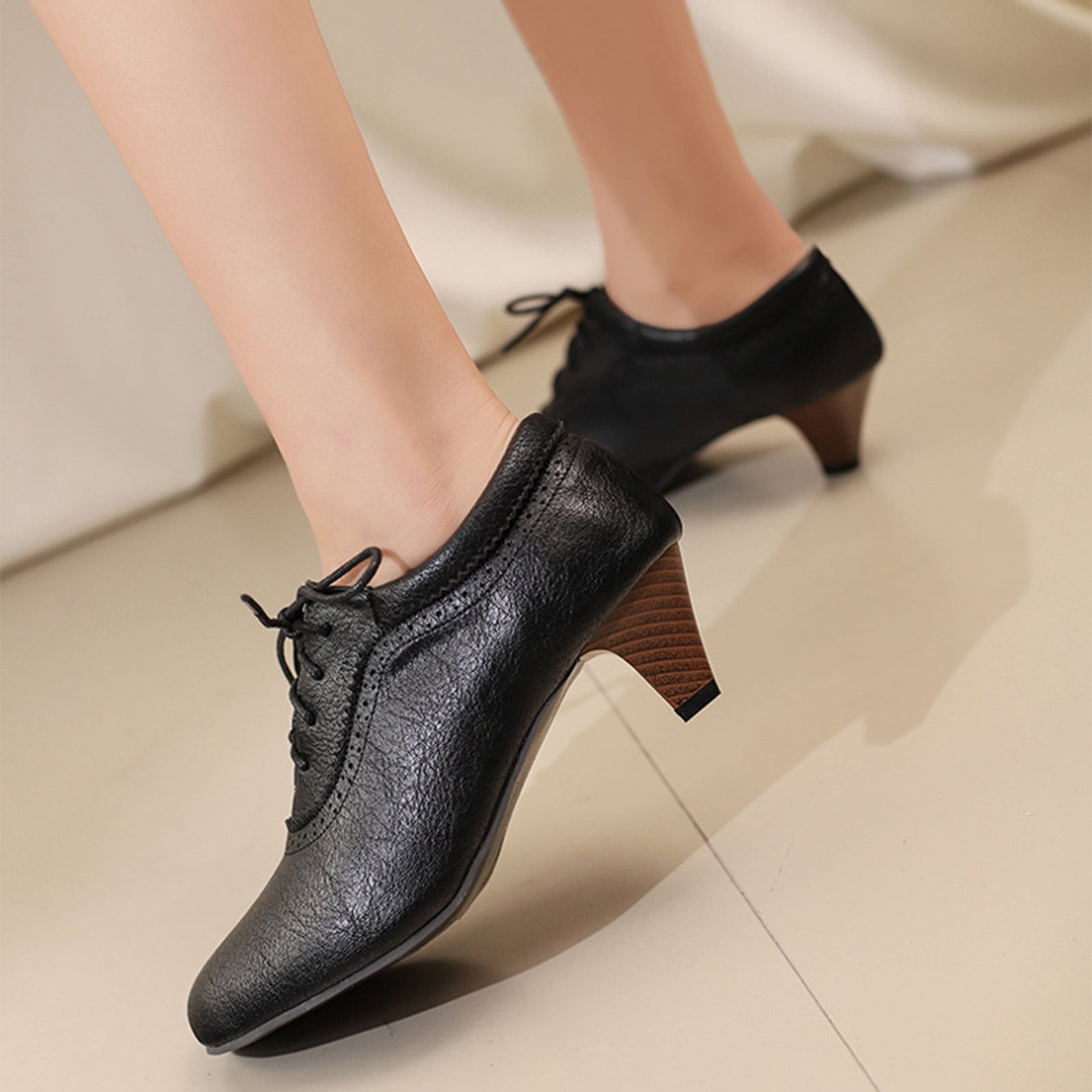 Chenyee Women's Ankle Boots Vintage Lace Up Non Slip Work Shoes Fashion Dress Kitten Heels