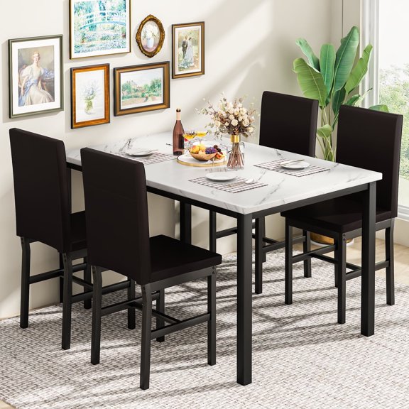 AWQM Ensemble de Salle à Manger Moderne 5 Pcs, Table à Manger en Faux Marbre et Chaises de Salle à Manger en Cuir PU pour Coin-Déjeuner, Cuisine, Salle à Manger