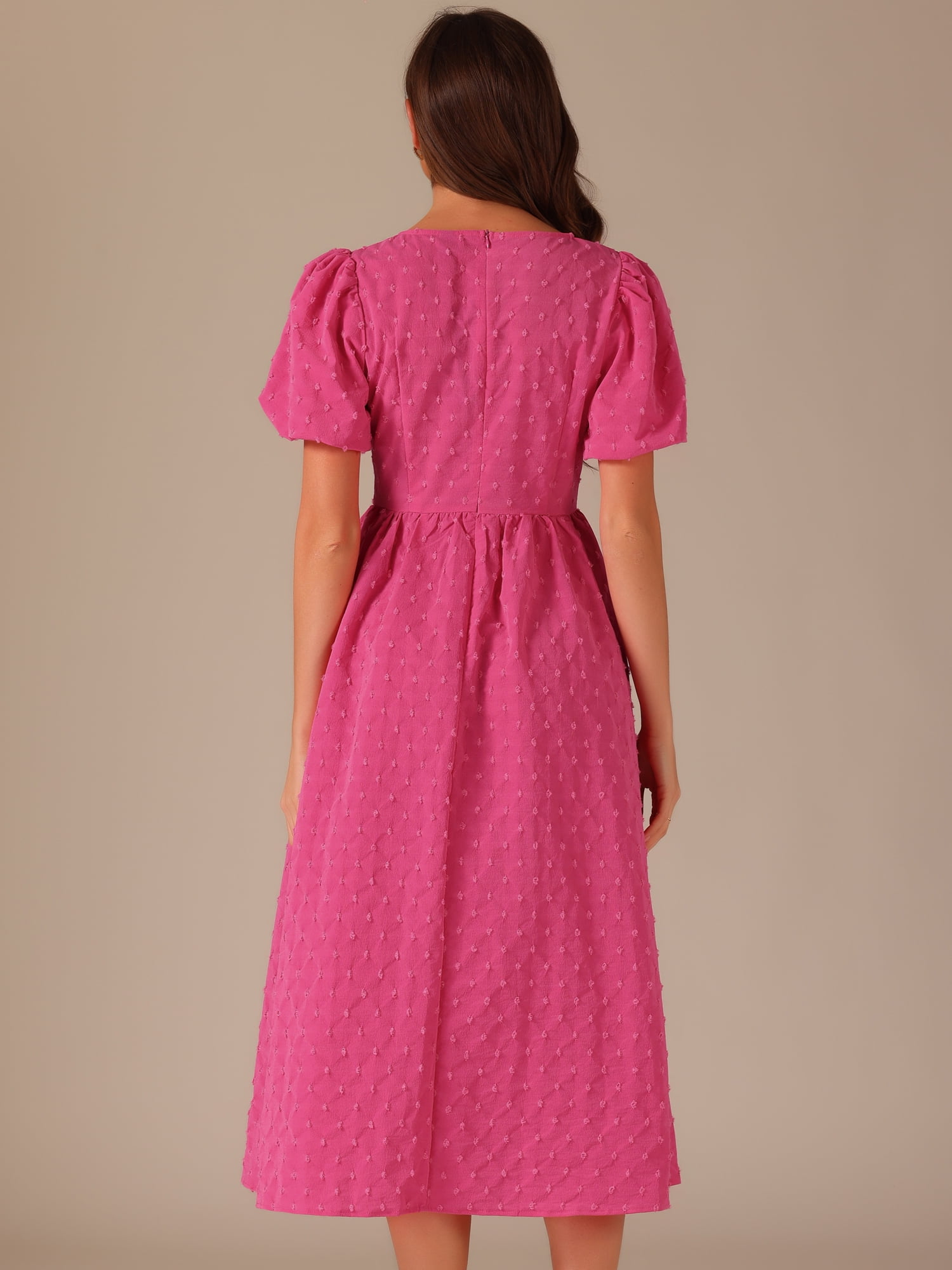 DARING DIVA Women's Puff Sleeve Textured Fit and Flare Dresses M Hot Pink