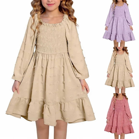 Loopsun Girls 4-13 Years Summer Long Sleeve Solid Fashion Dress