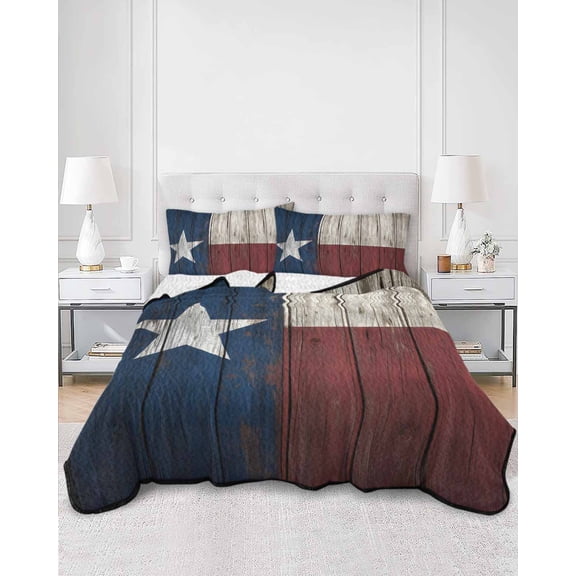 Quilts Full Size, Vintage Star Country Soft Comforter Bedding Set for Bed, American Flag Blue Red Lightweight Quilted Bedspread with Pillow Cover(2 Pieces) for All Season, 78x90 Inch
