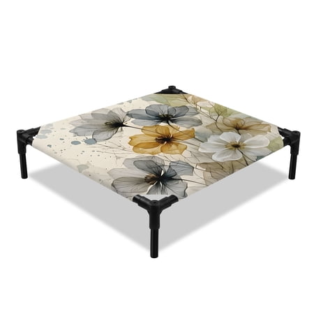 Beige Gray Floral Elevated Dog Bed Rustic Green Leaves Watercolor Ink Splatters Cooling Breathable Outdoor Raised Dog Cot Bed with Metal Frame Non-Slip Feet for Small Dog 20x20in